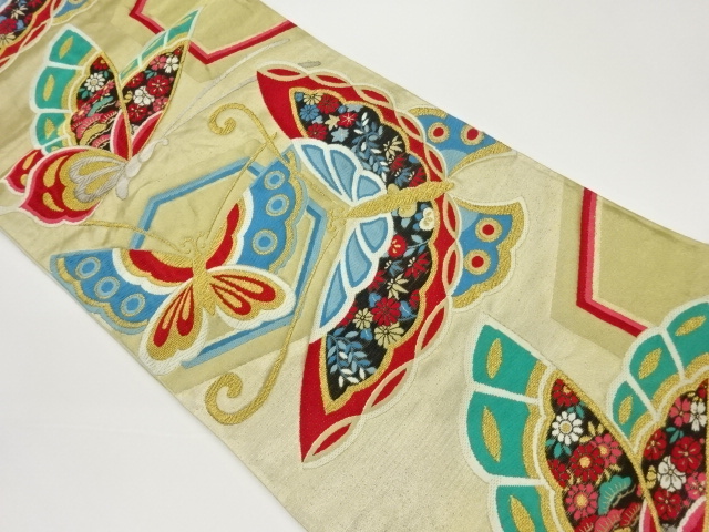 蝶に花々模様織出し袋帯